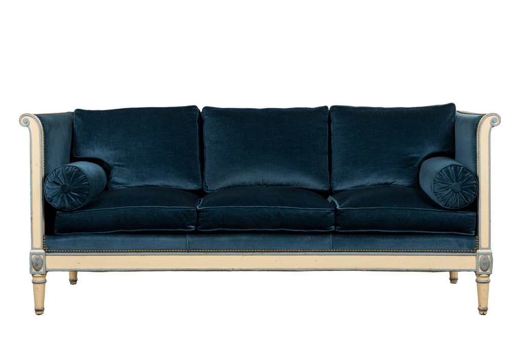 Antique French Directoire Style Painted Sofa in Blue Velvet