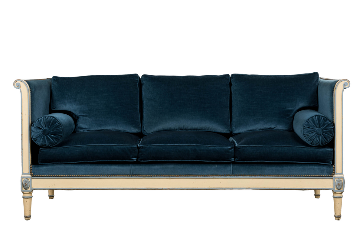 Antique French Directoire Style Painted Sofa in Blue Velvet