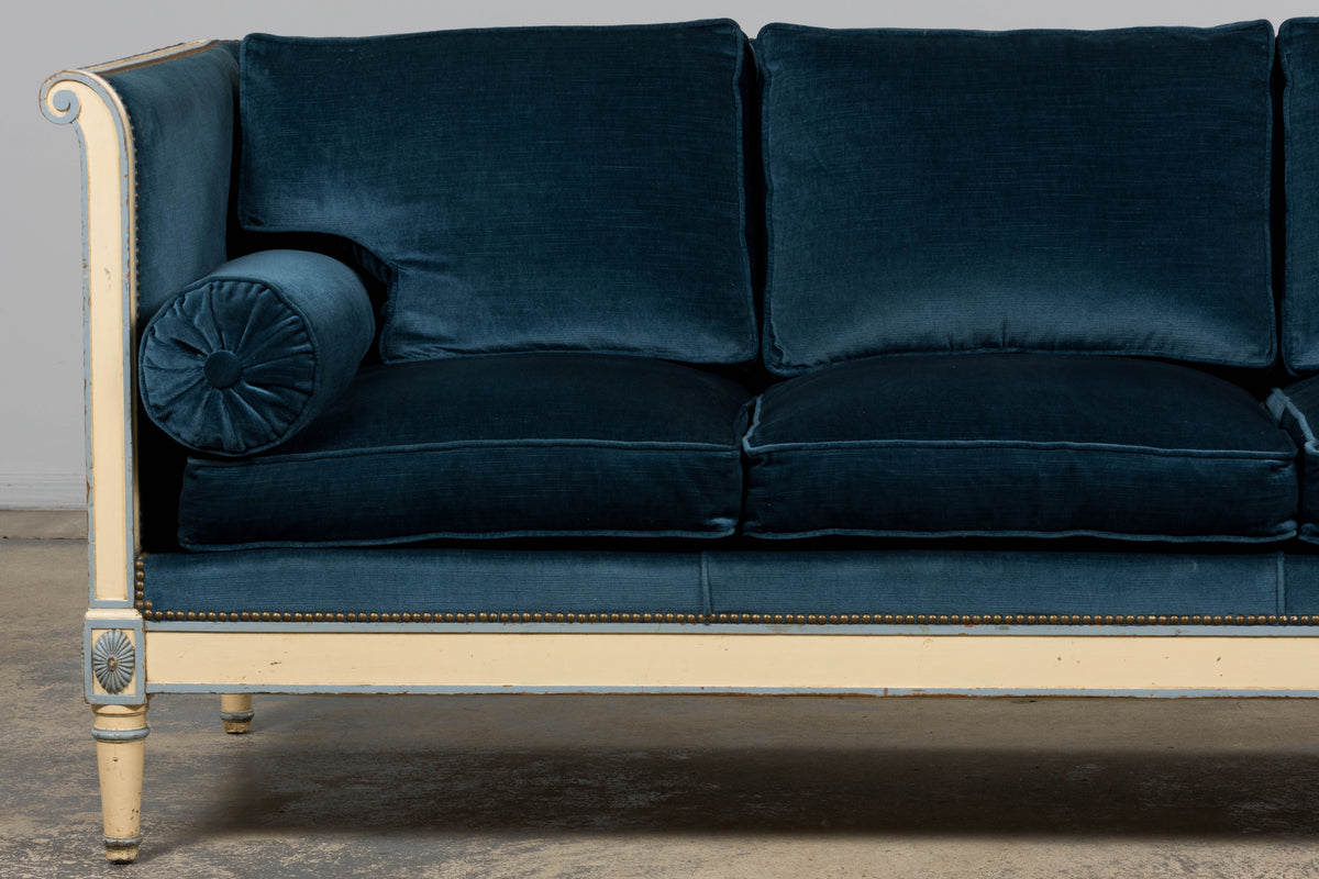 Antique French Directoire Style Painted Sofa in Blue Velvet