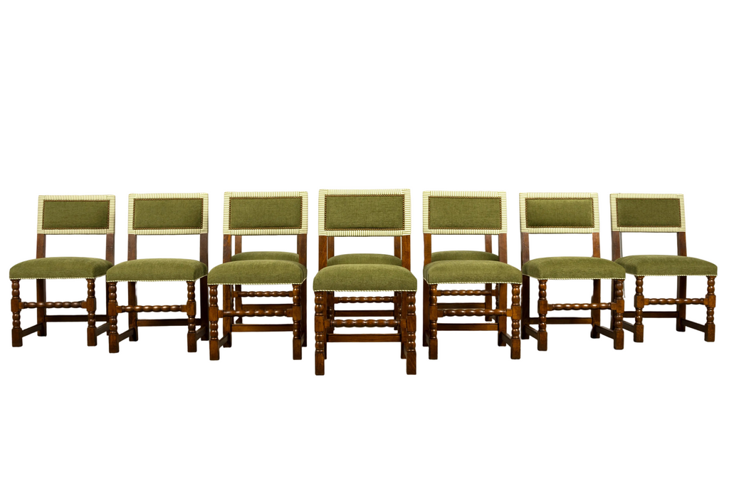 Late 19th Century French Louis XIII Oak Dining Chairs in Moss Green, Set of 10