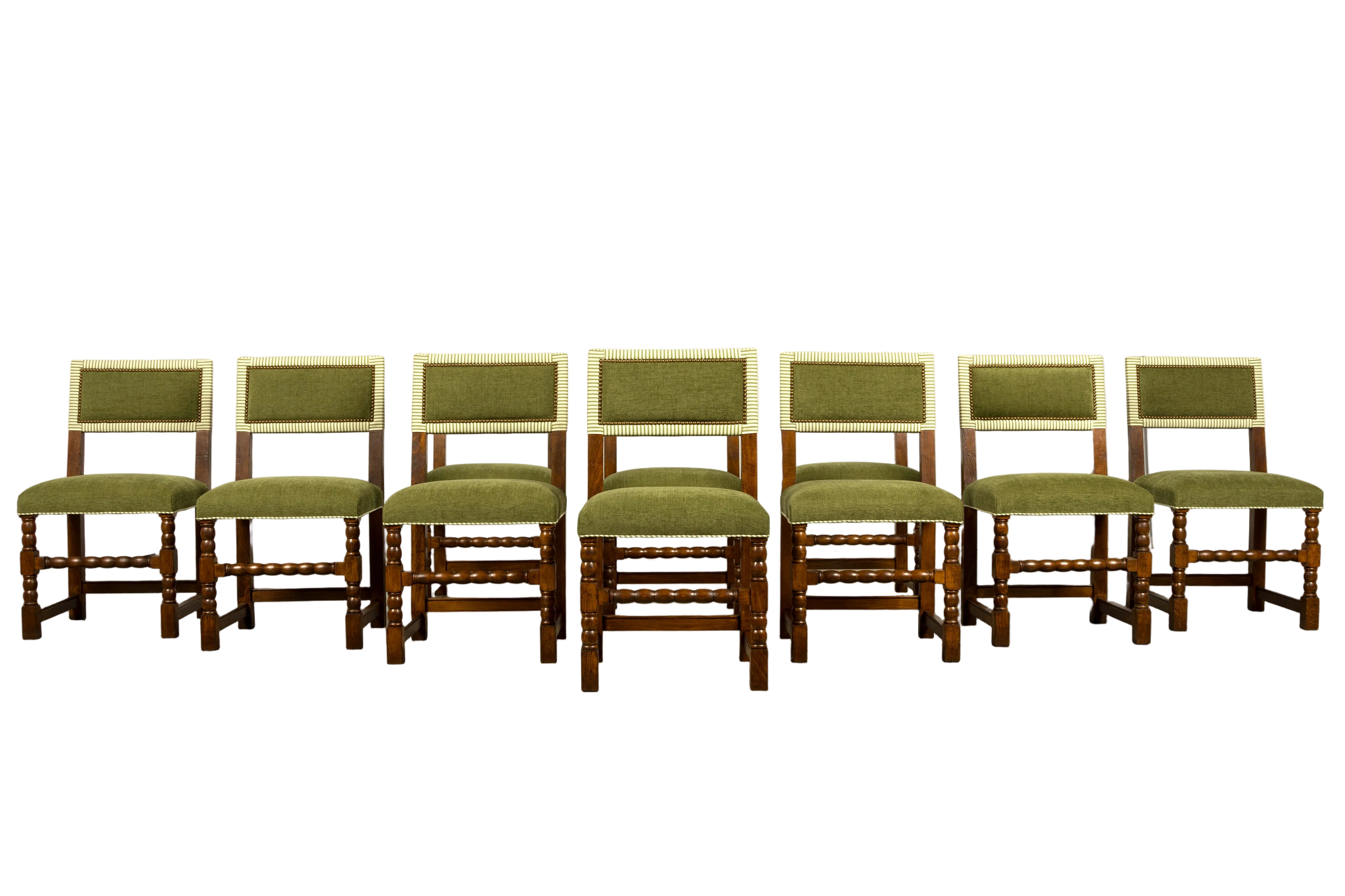 Late 19th Century French Louis XIII Oak Dining Chairs in Moss Green, Set of 10