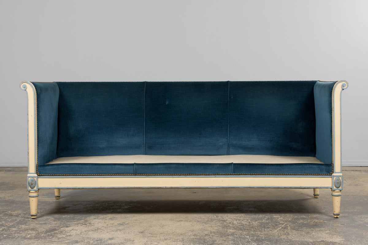 Antique French Directoire Style Painted Sofa in Blue Velvet