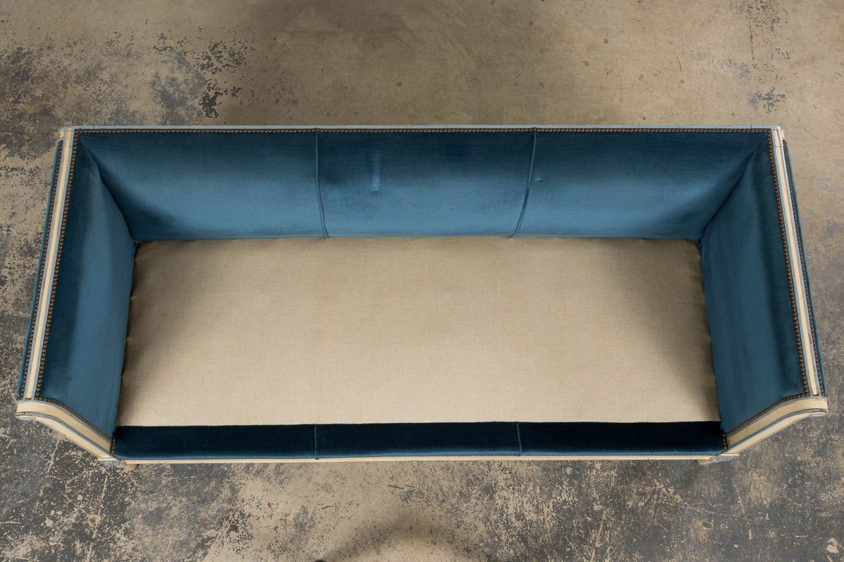 Antique French Directoire Style Painted Sofa in Blue Velvet