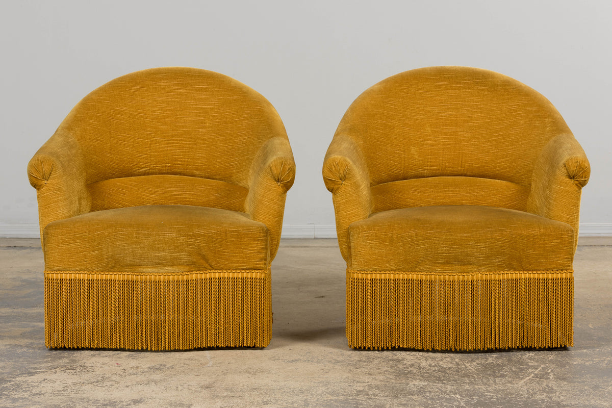 French Napoleon III Style Crapaud Armchairs in Golden Yellow Velvet - A Pair