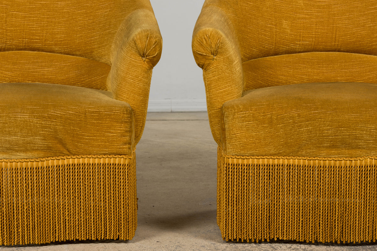 French Napoleon III Style Crapaud Armchairs in Golden Yellow Velvet - A Pair