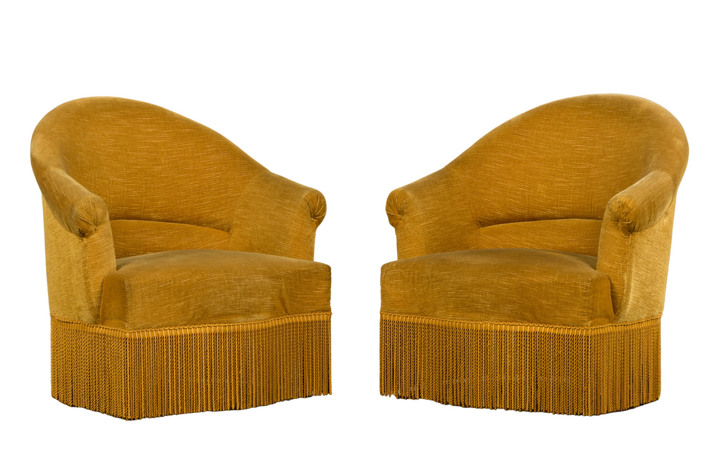 French Napoleon III Style Crapaud Armchairs in Golden Yellow Velvet - A Pair