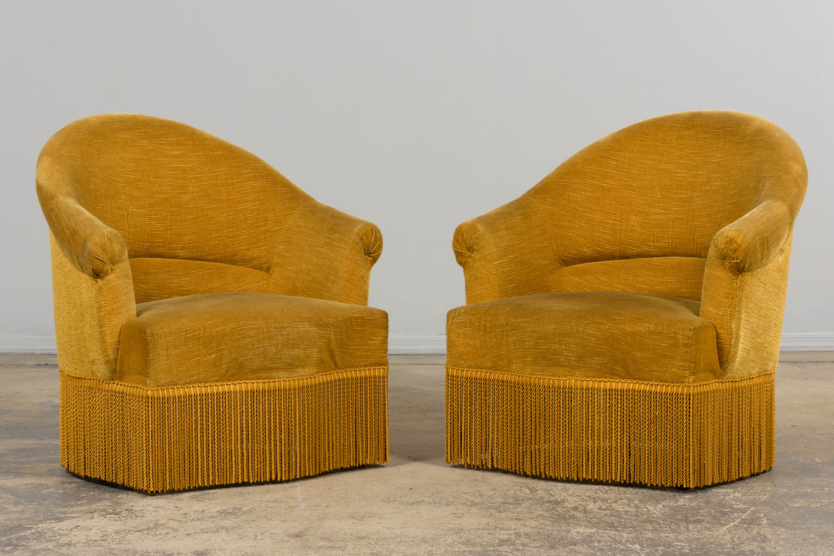 French Napoleon III Style Crapaud Armchairs in Golden Yellow Velvet - A Pair