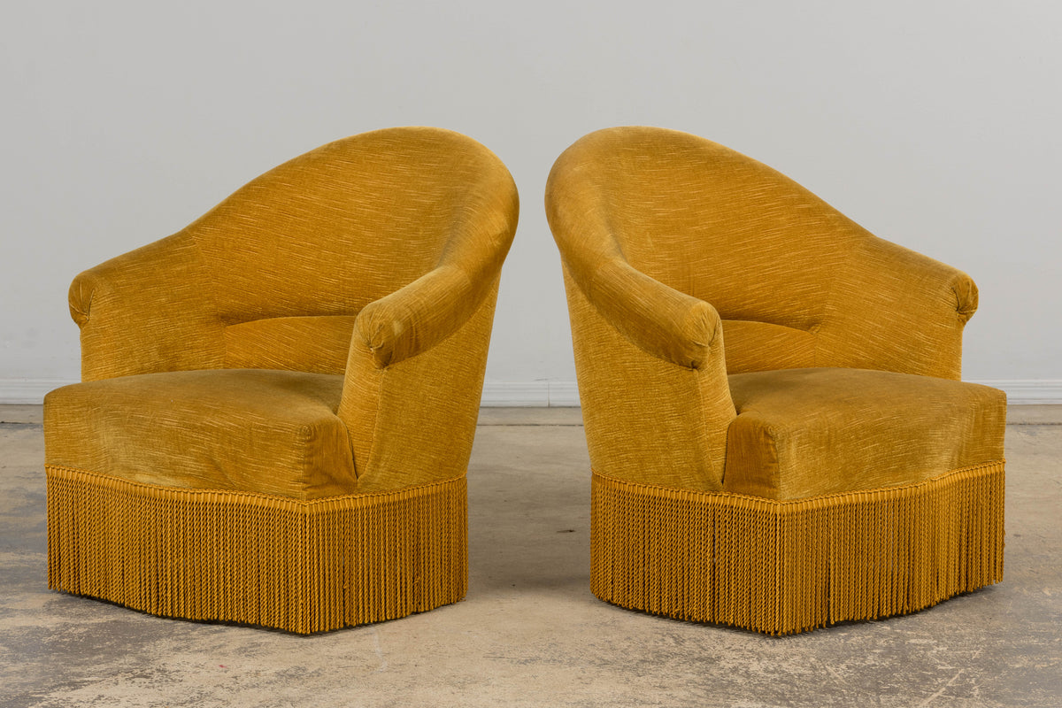 French Napoleon III Style Crapaud Armchairs in Golden Yellow Velvet - A Pair