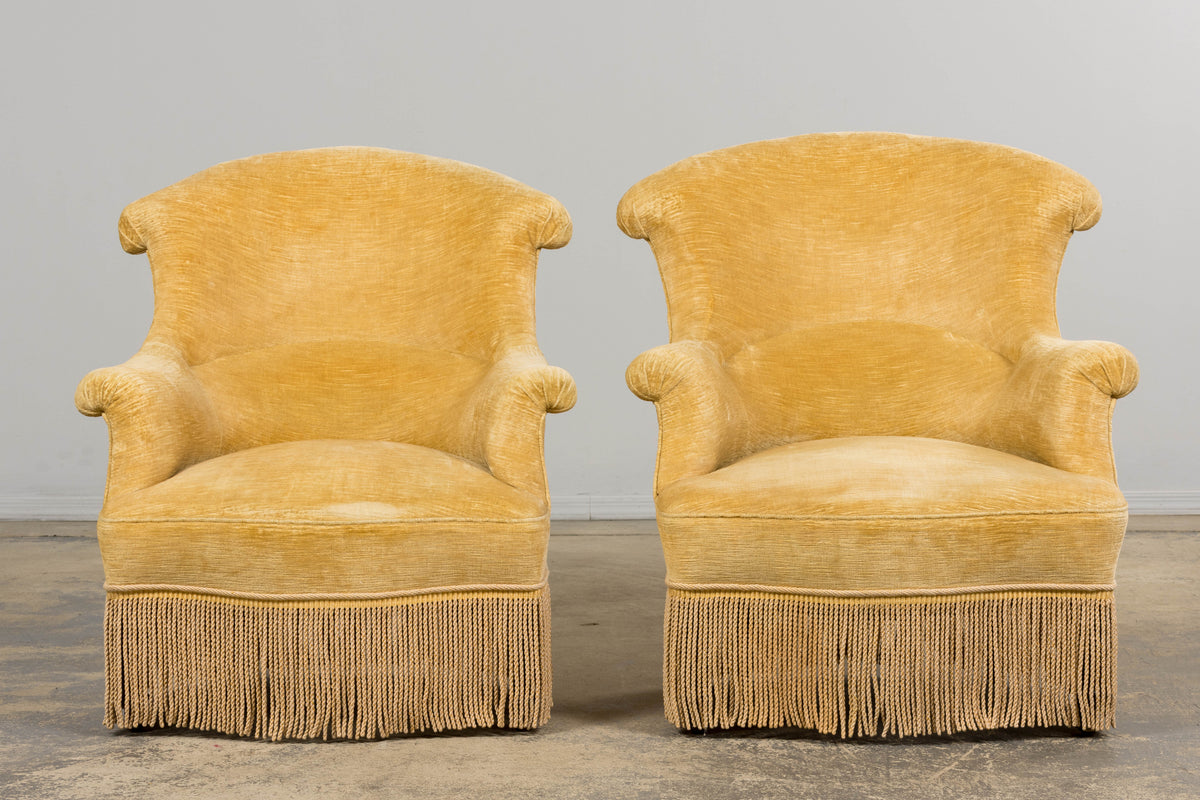 19th Century French Napoleon III Armchairs W/ Buttercream Ochre Velvet - A Pair