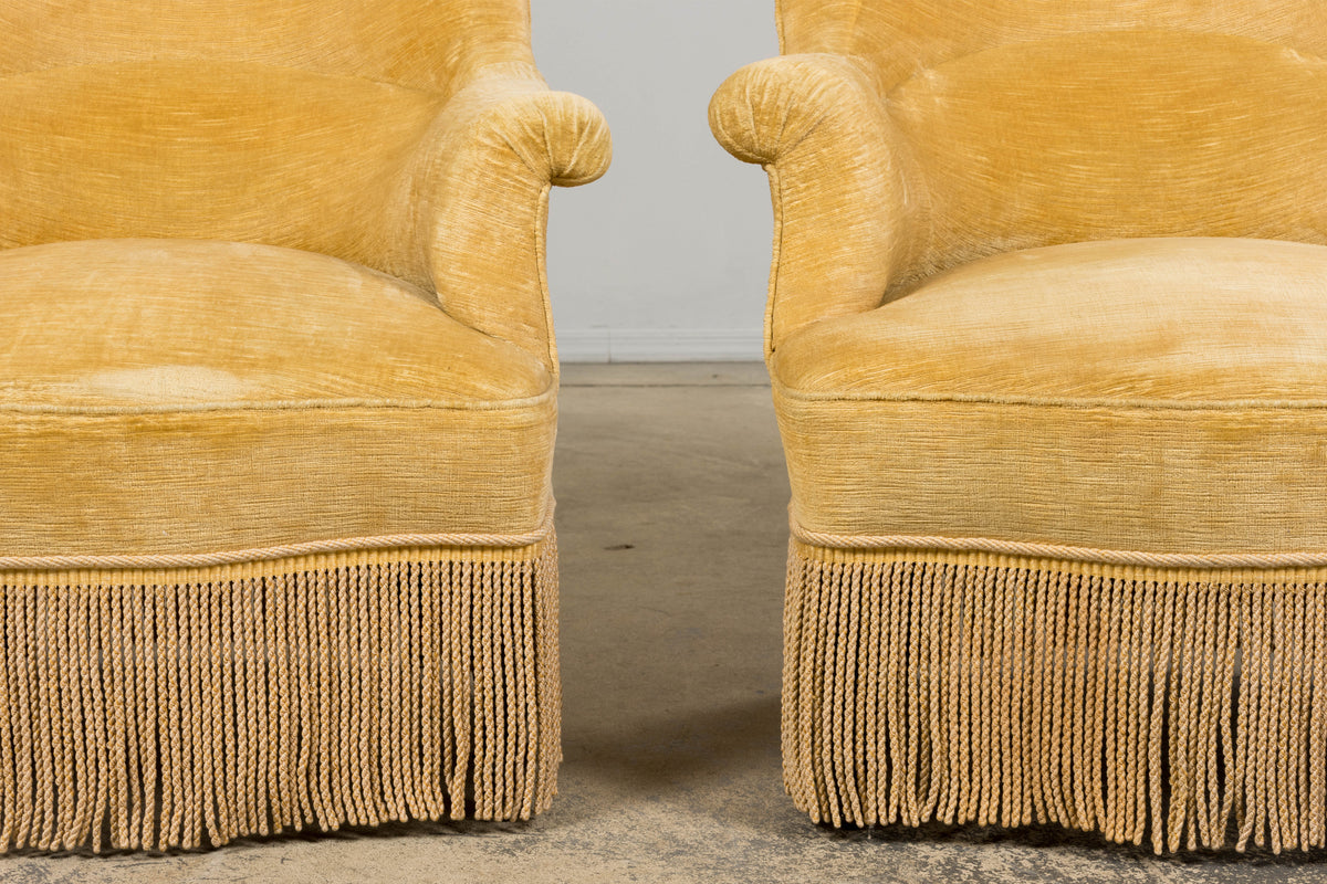 19th Century French Napoleon III Armchairs W/ Buttercream Ochre Velvet - A Pair