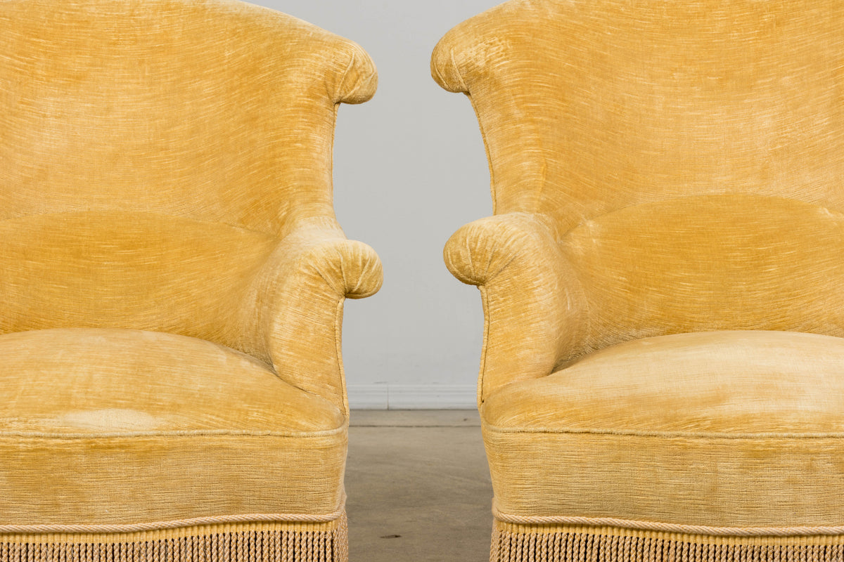 19th Century French Napoleon III Armchairs W/ Buttercream Ochre Velvet - A Pair