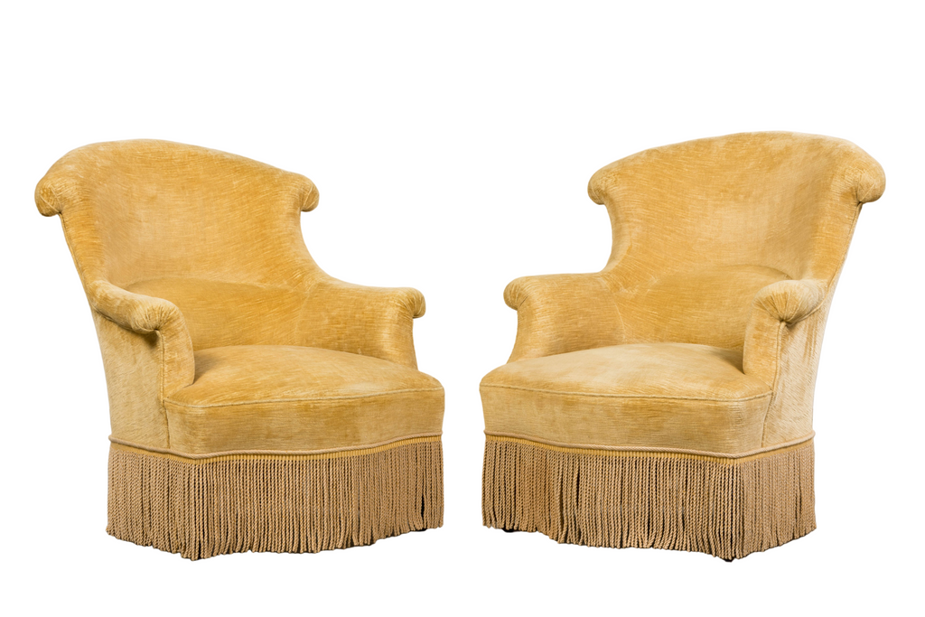 19th Century French Napoleon III Armchairs W/ Buttercream Ochre Velvet - A Pair