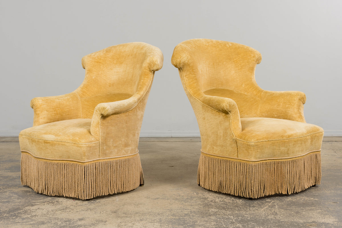 19th Century French Napoleon III Armchairs W/ Buttercream Ochre Velvet - A Pair