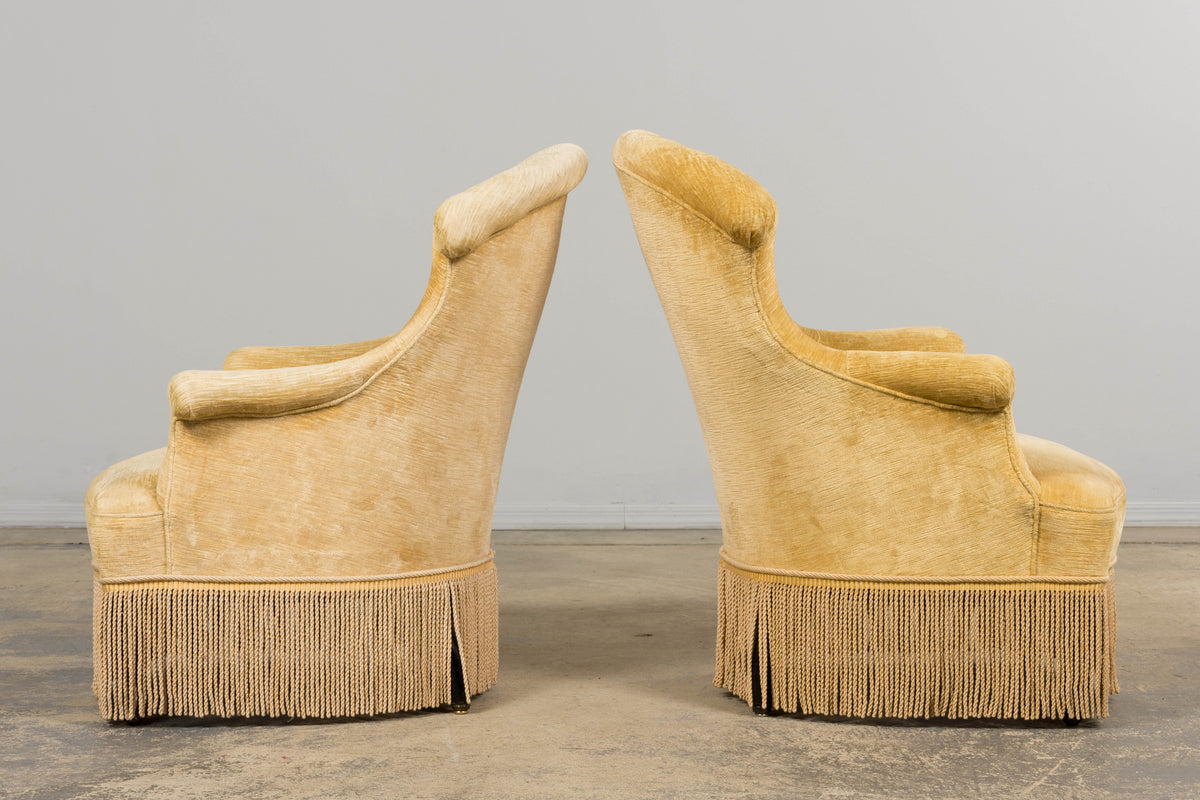 19th Century French Napoleon III Armchairs W/ Buttercream Ochre Velvet - A Pair