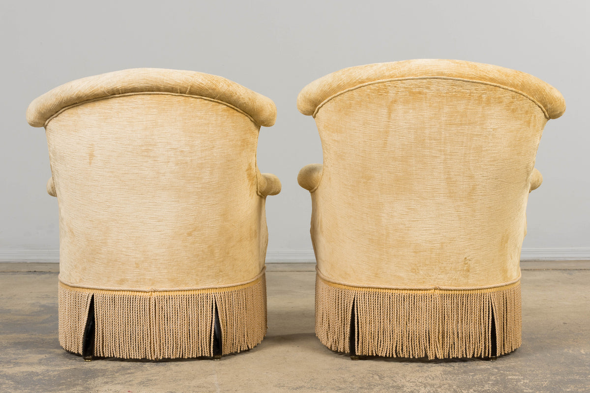 19th Century French Napoleon III Armchairs W/ Buttercream Ochre Velvet - A Pair