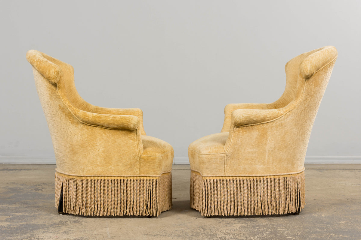 19th Century French Napoleon III Armchairs W/ Buttercream Ochre Velvet - A Pair