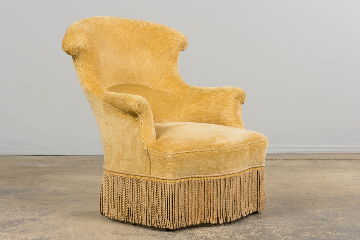 19th Century French Napoleon III Armchairs W/ Buttercream Ochre Velvet - A Pair