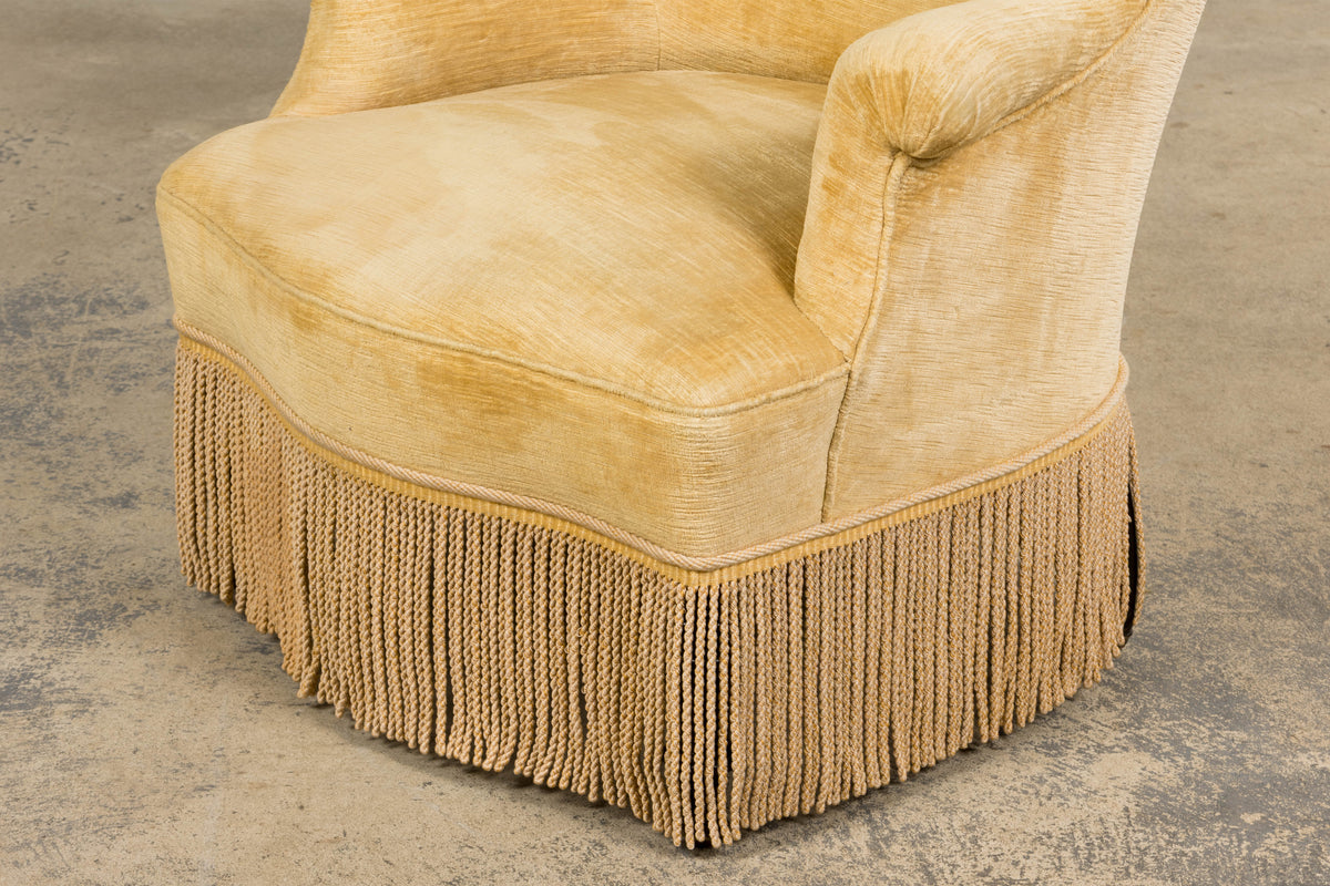 19th Century French Napoleon III Armchairs W/ Buttercream Ochre Velvet - A Pair