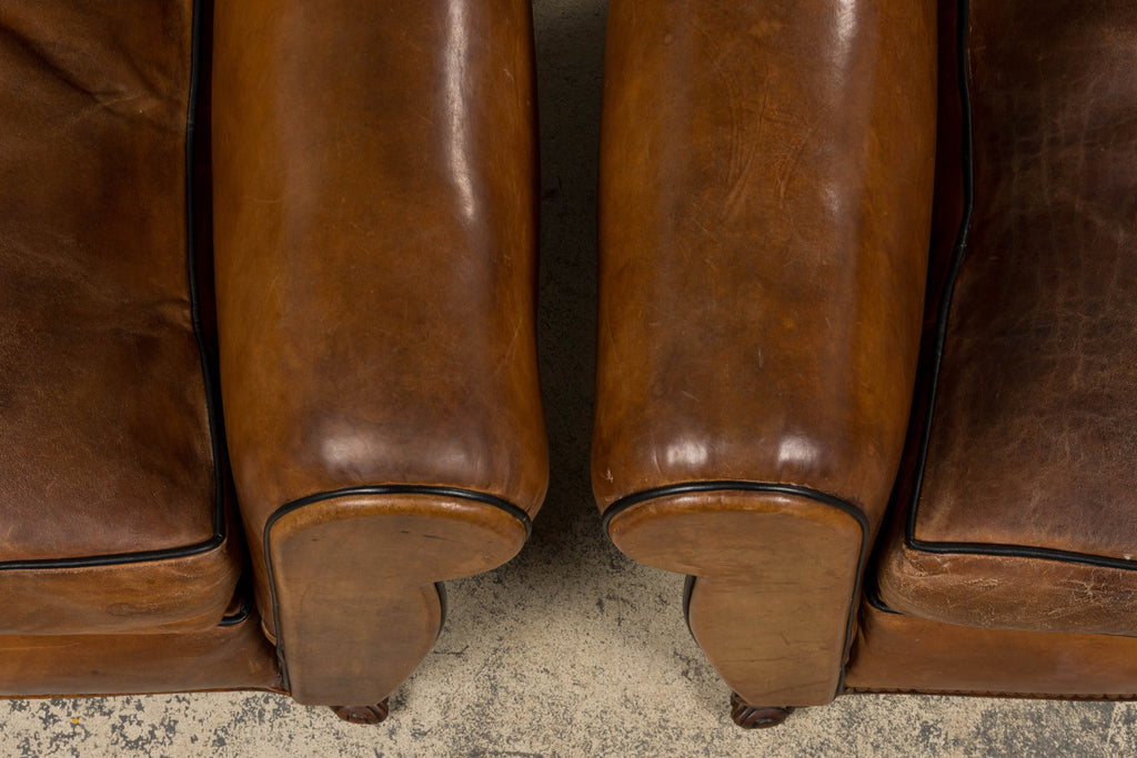 Antique French Louis XV Style Brown Leather Club Chairs - A Pair