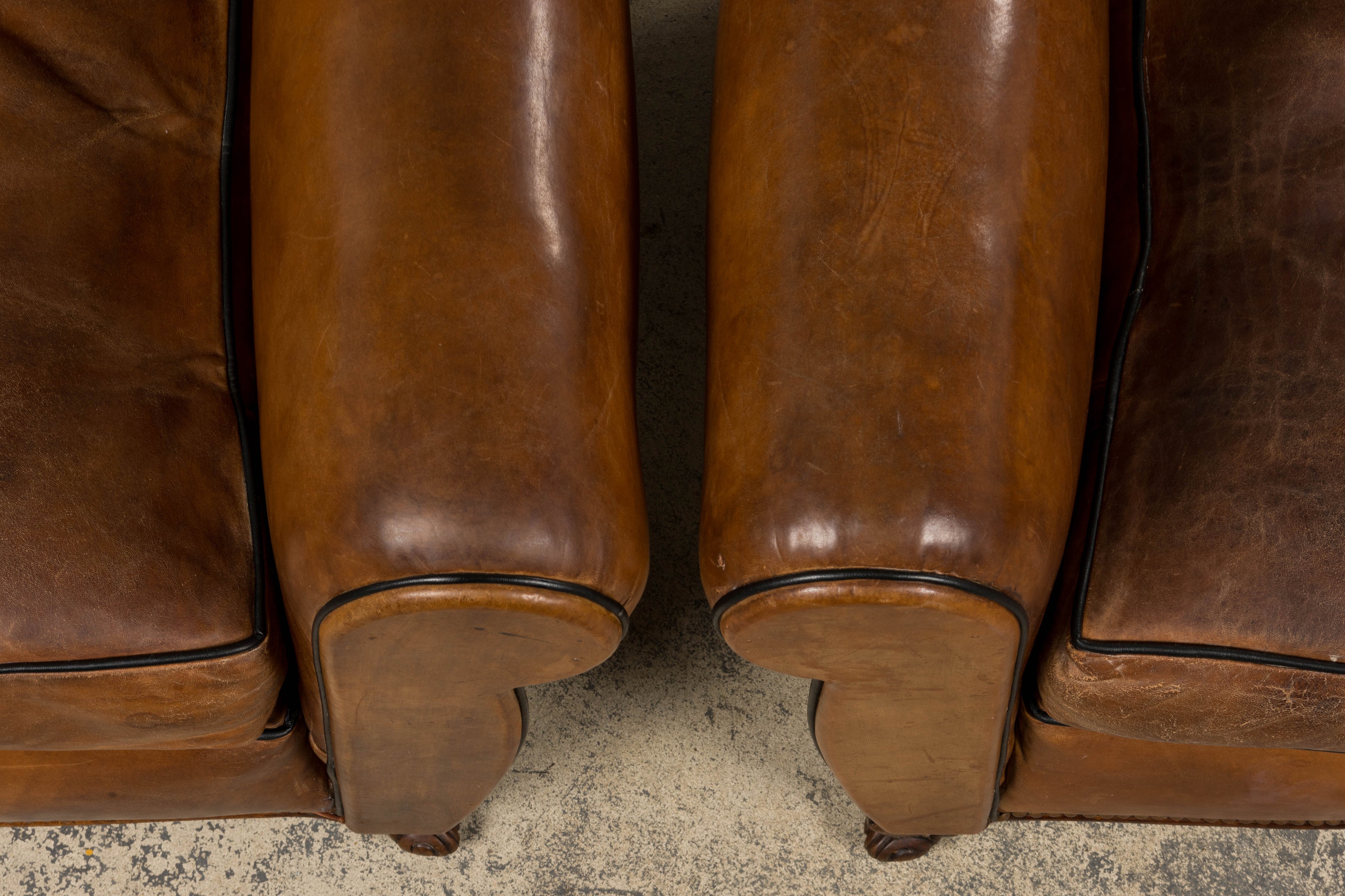 Antique French Louis XV Style Brown Leather Club Chairs - A Pair