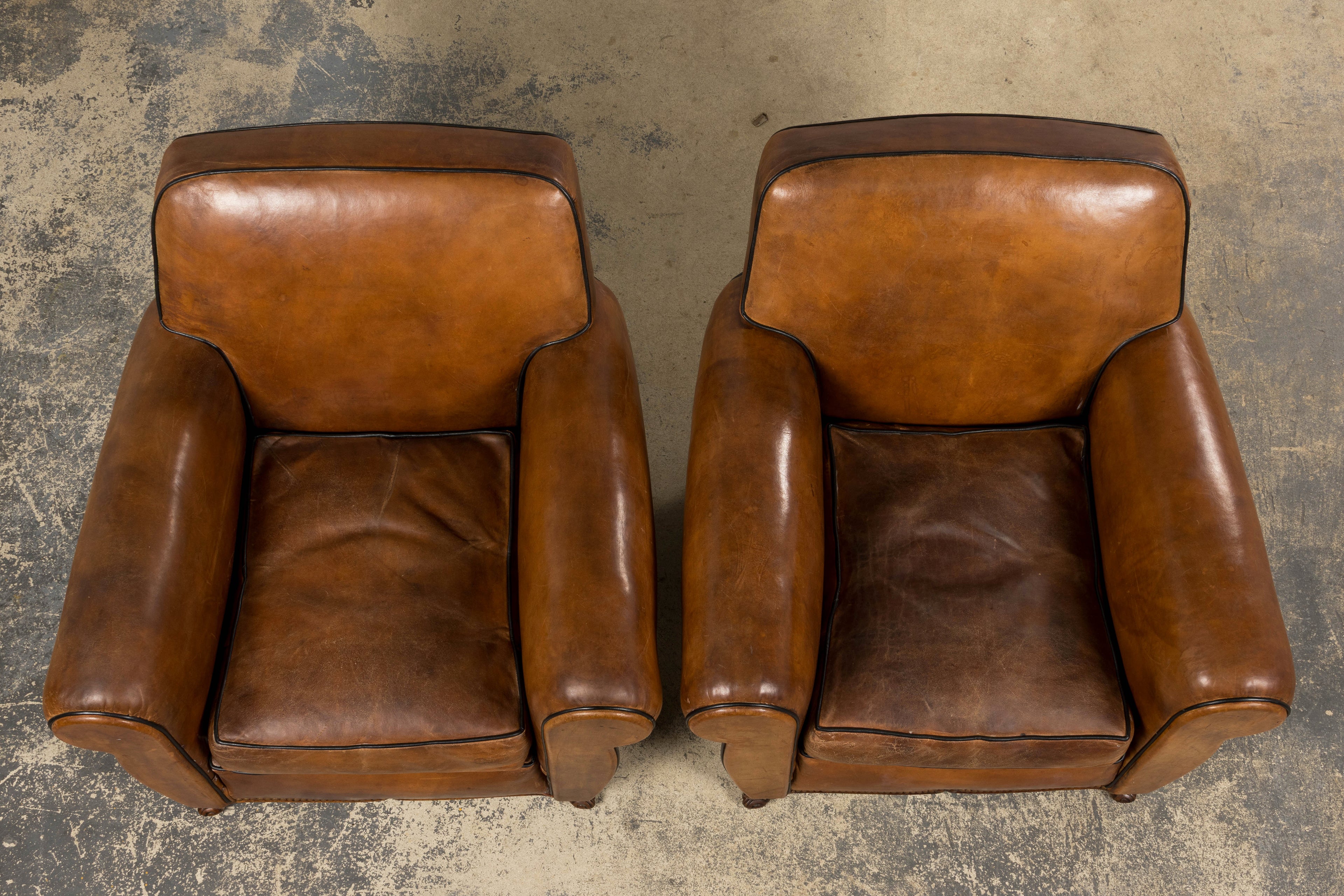 Antique French Louis XV Style Brown Leather Club Chairs - A Pair