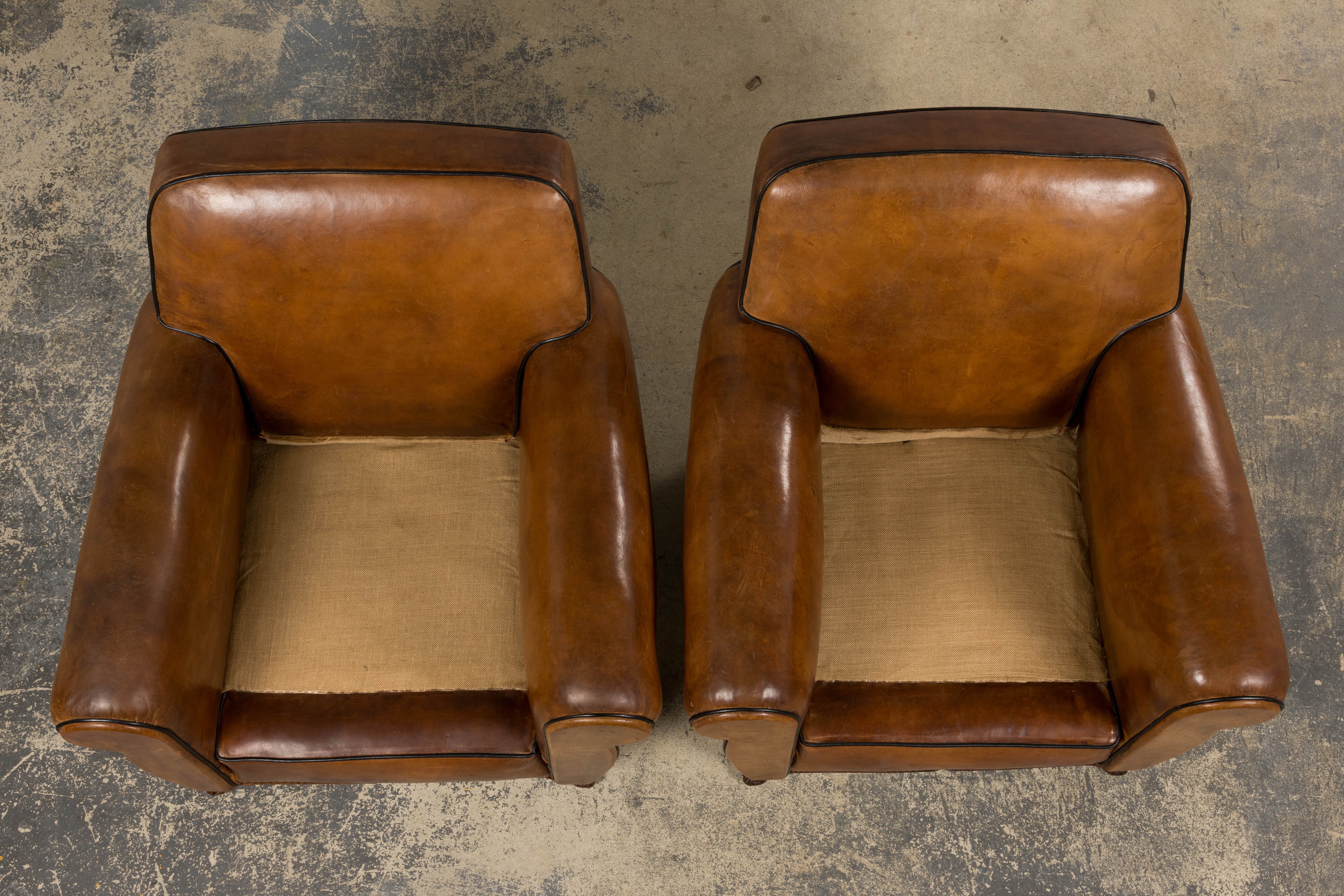 Antique French Louis XV Style Brown Leather Club Chairs - A Pair