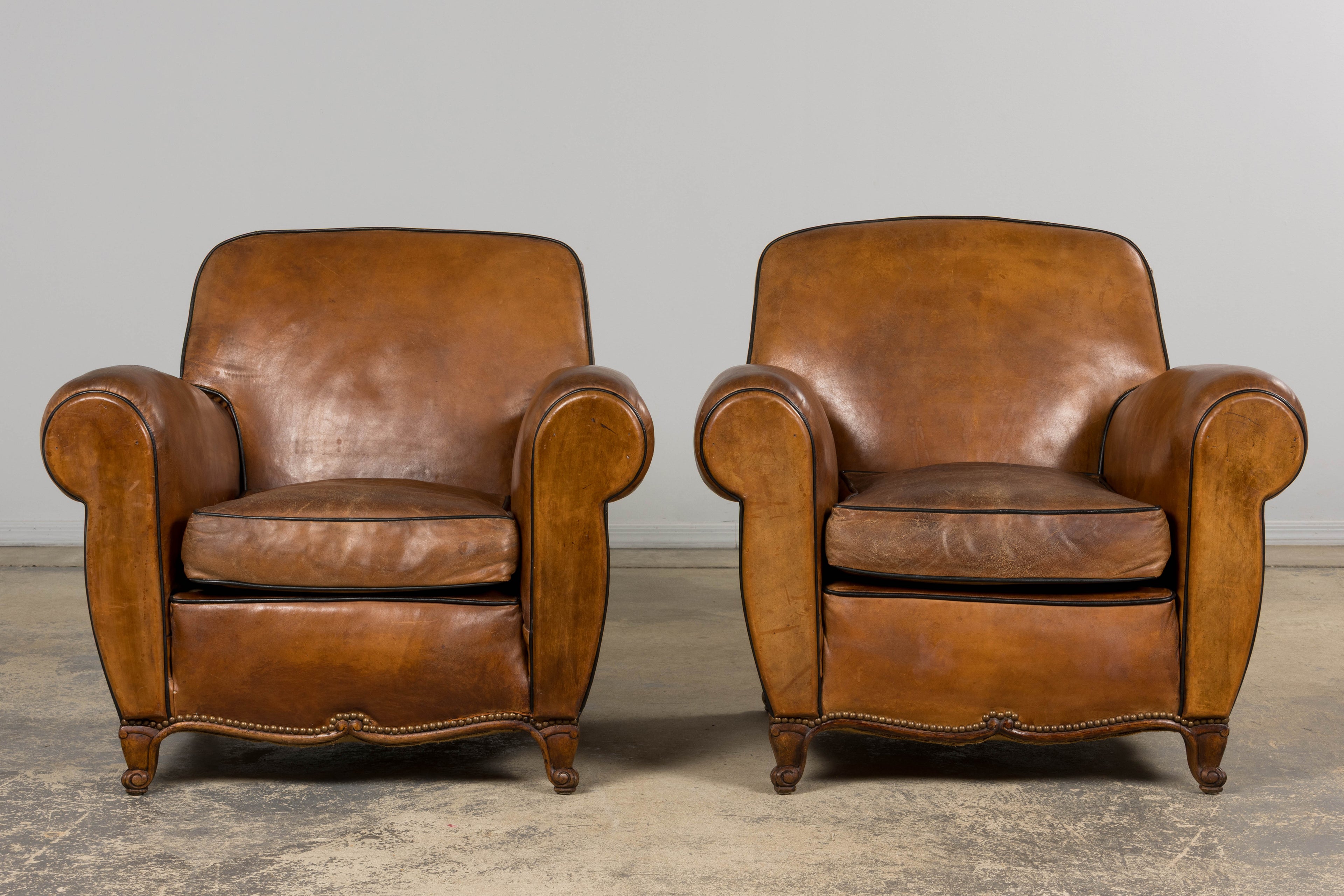 Antique French Louis XV Style Brown Leather Club Chairs - A Pair