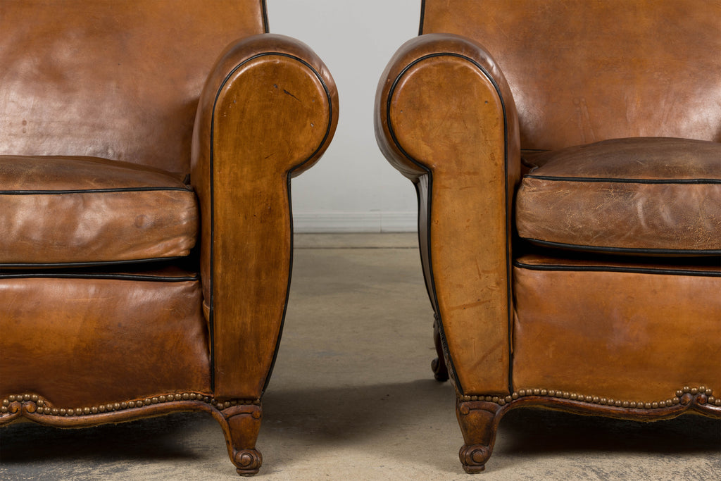 Antique French Louis XV Style Brown Leather Club Chairs - A Pair
