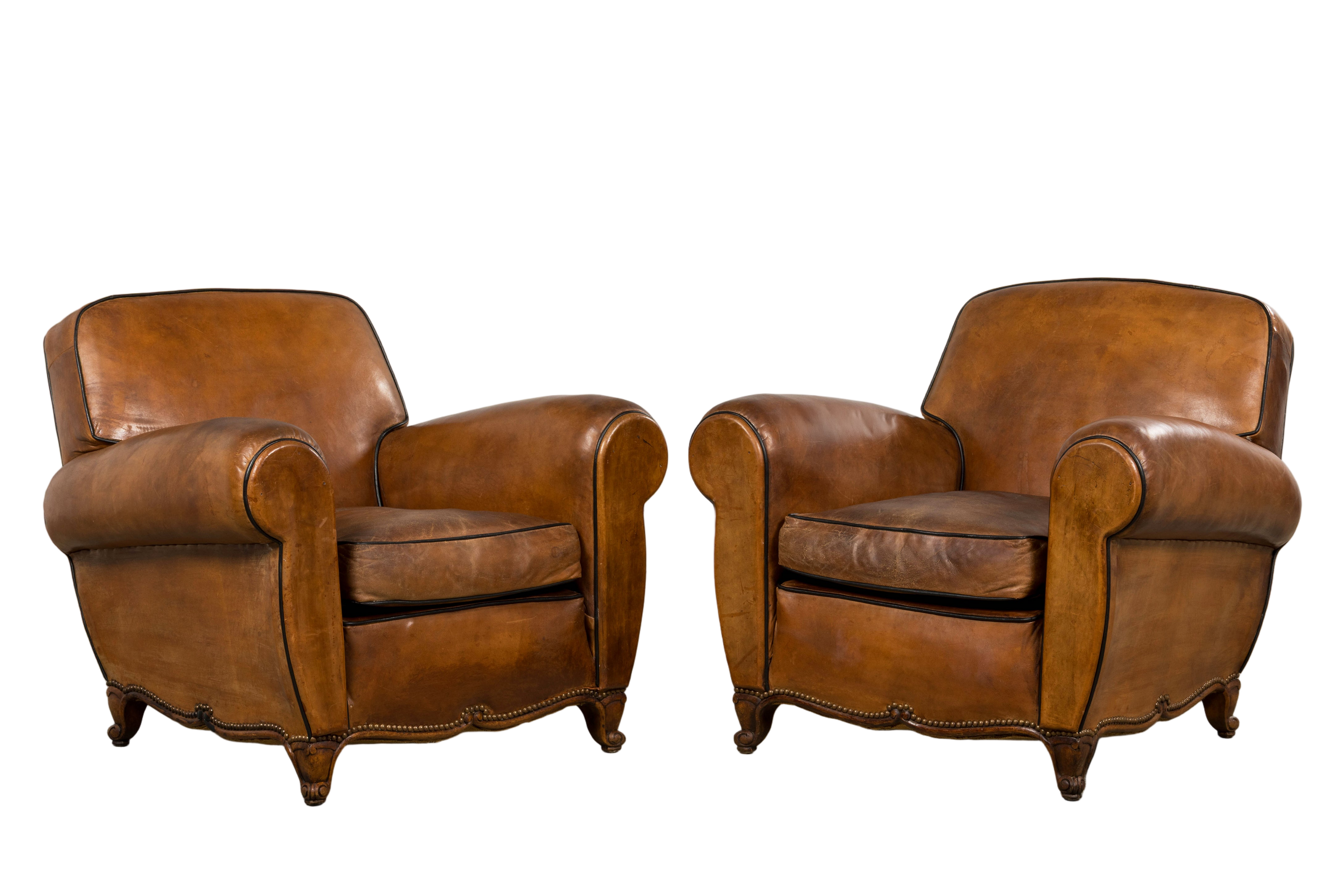 Antique French Louis XV Style Brown Leather Club Chairs - A Pair