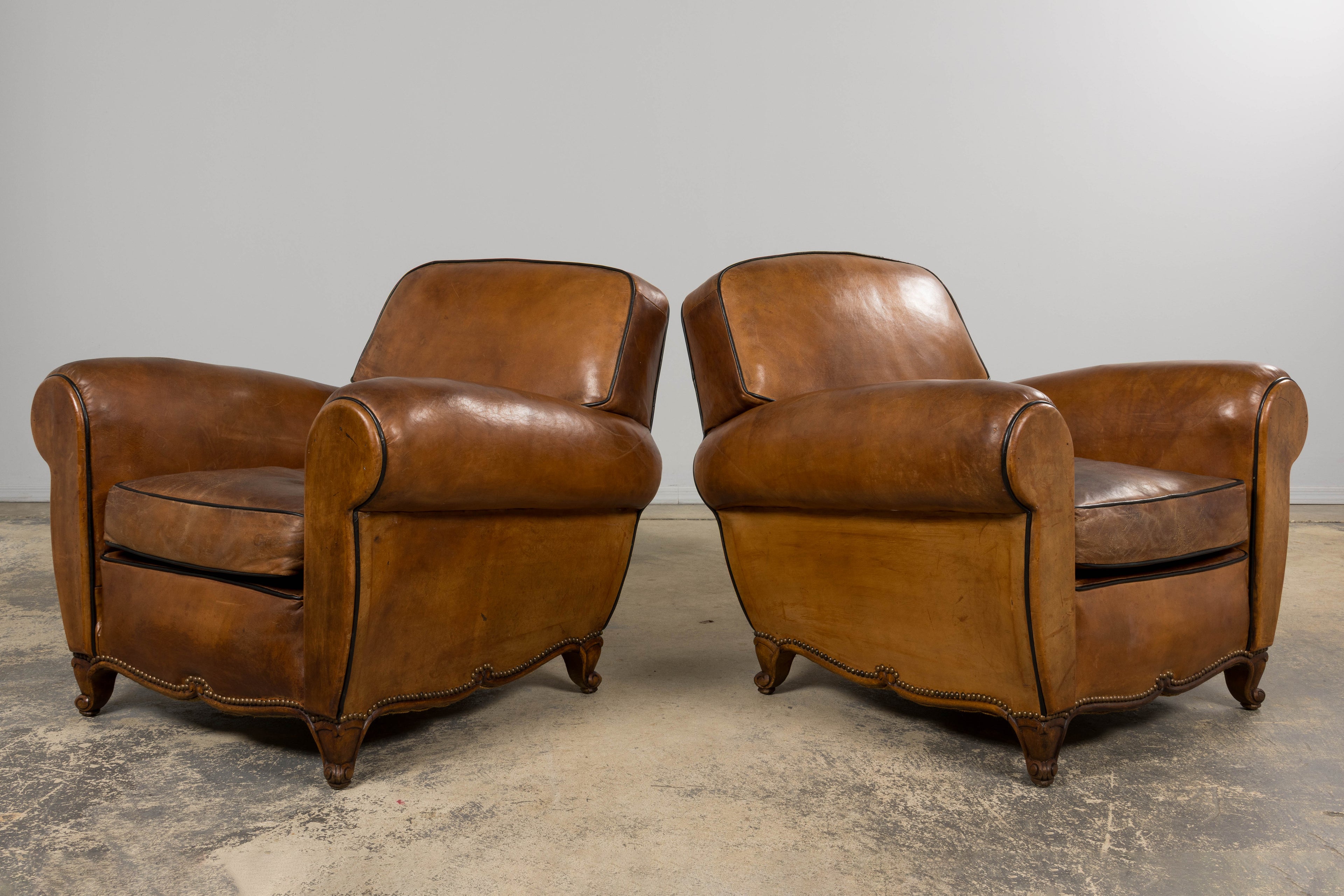Antique French Louis XV Style Brown Leather Club Chairs - A Pair
