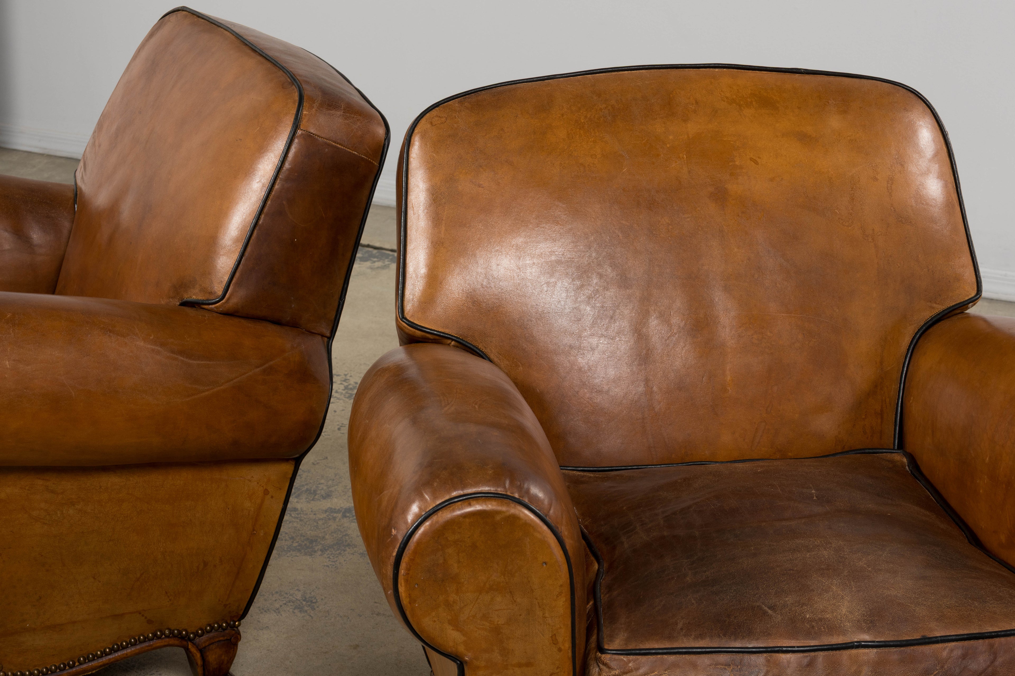 Antique French Louis XV Style Brown Leather Club Chairs - A Pair