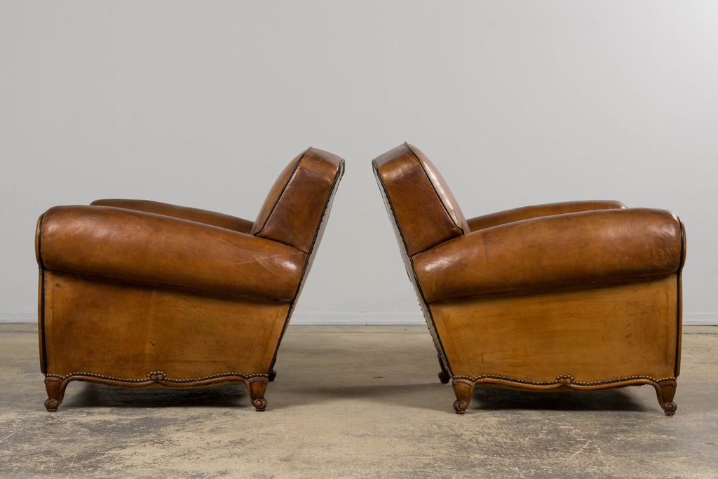 Antique French Louis XV Style Brown Leather Club Chairs - A Pair
