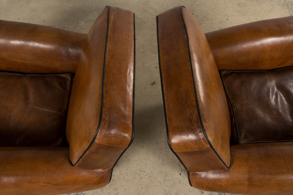 Antique French Louis XV Style Brown Leather Club Chairs - A Pair