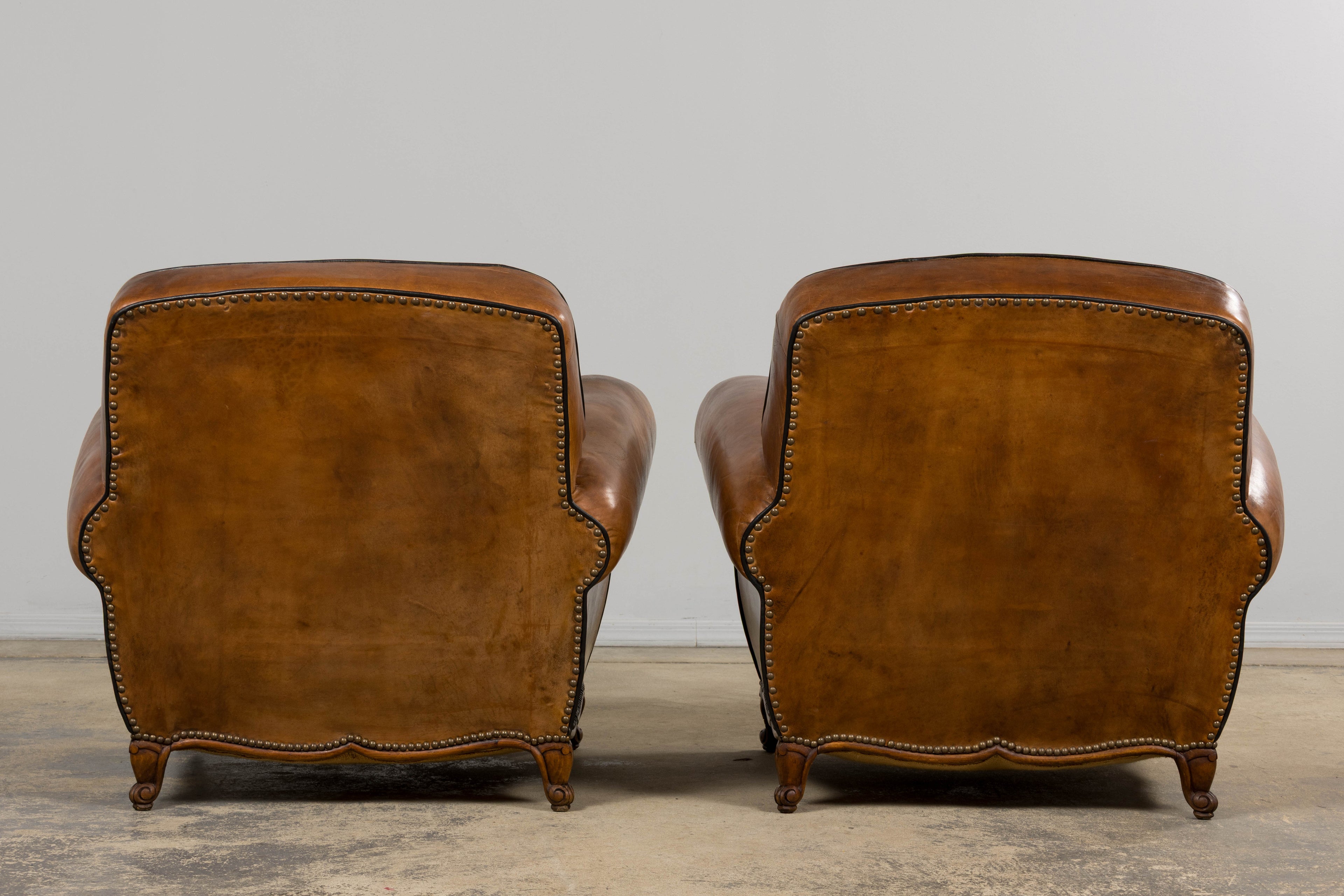 Antique French Louis XV Style Brown Leather Club Chairs - A Pair
