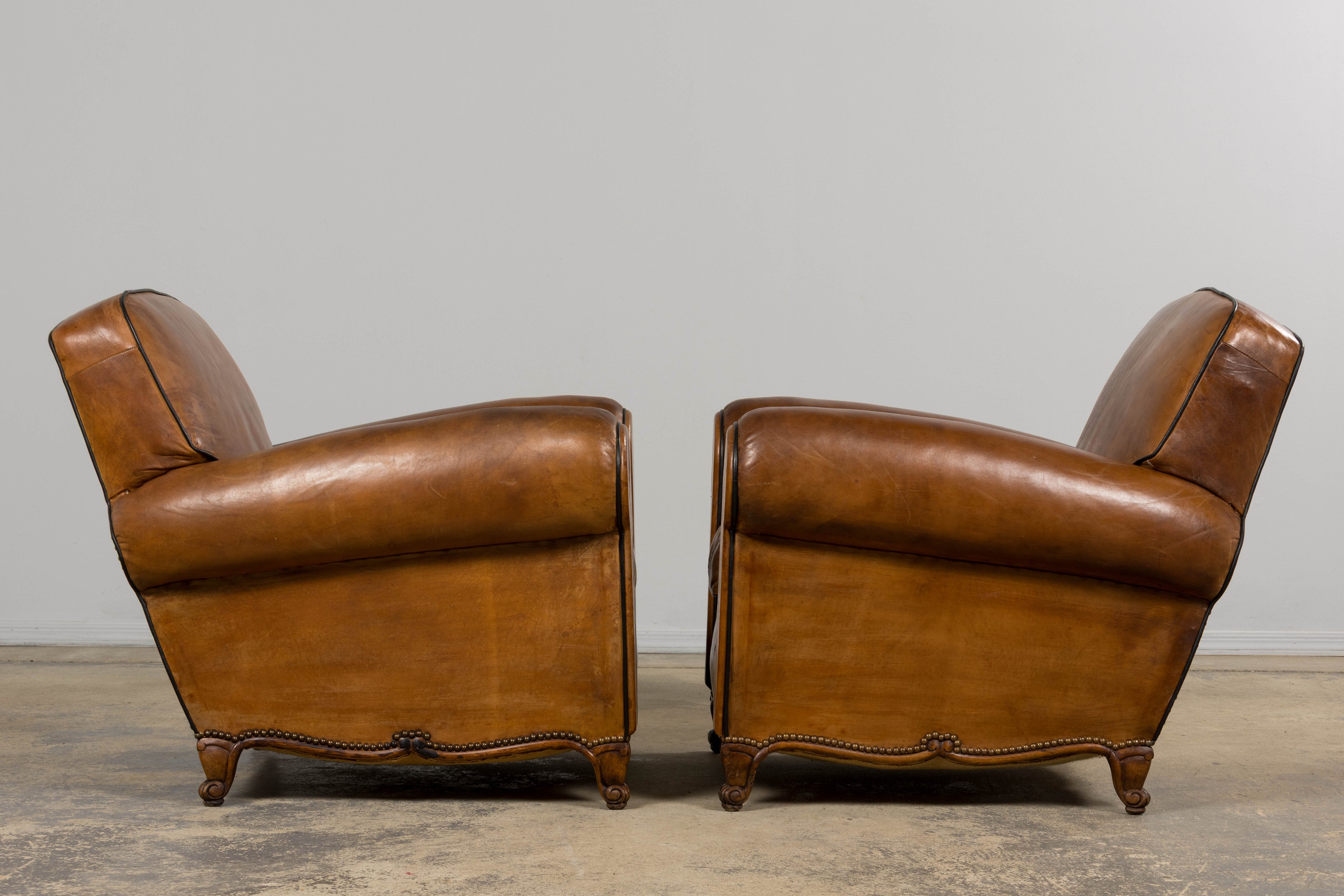 Antique French Louis XV Style Brown Leather Club Chairs - A Pair
