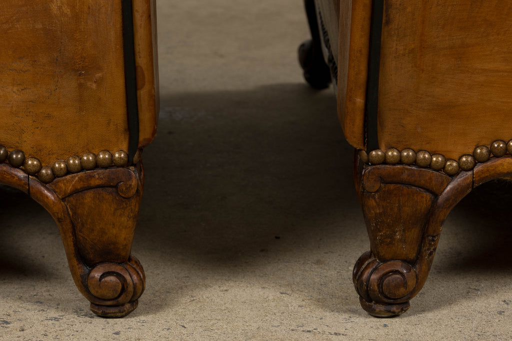 Antique French Louis XV Style Brown Leather Club Chairs - A Pair