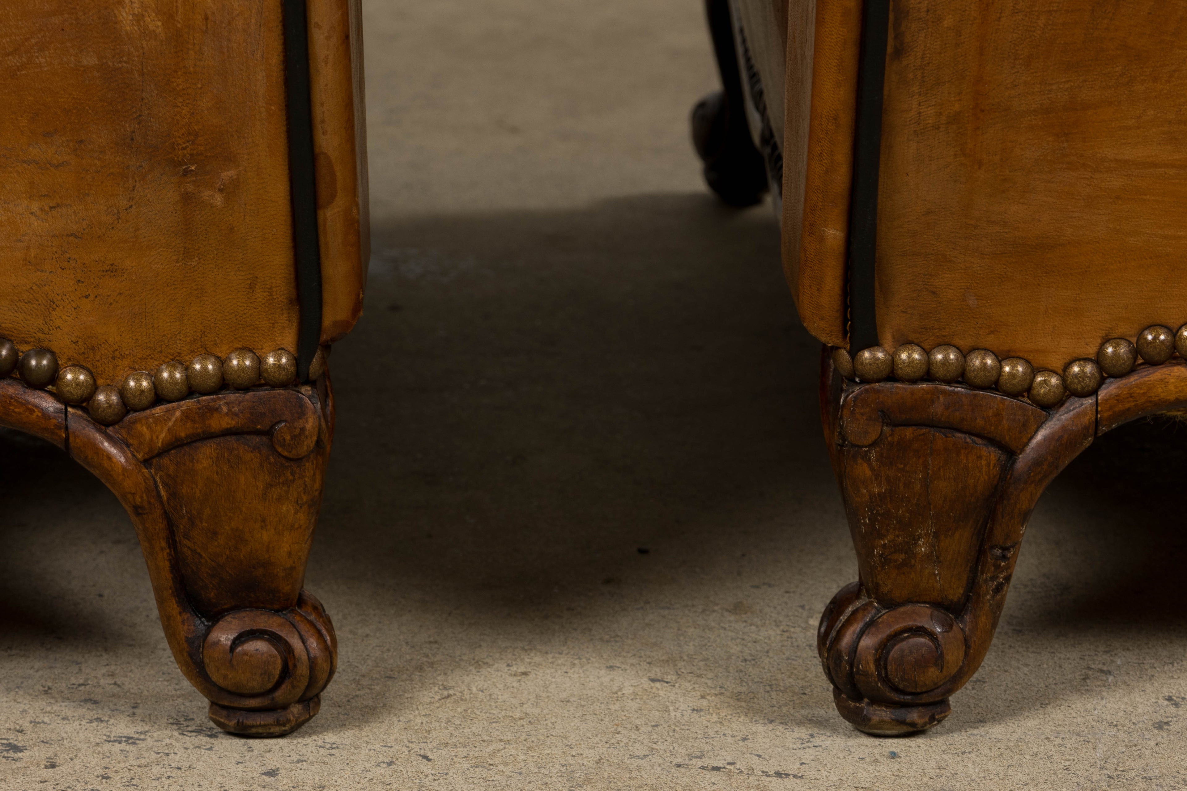 Antique French Louis XV Style Brown Leather Club Chairs - A Pair