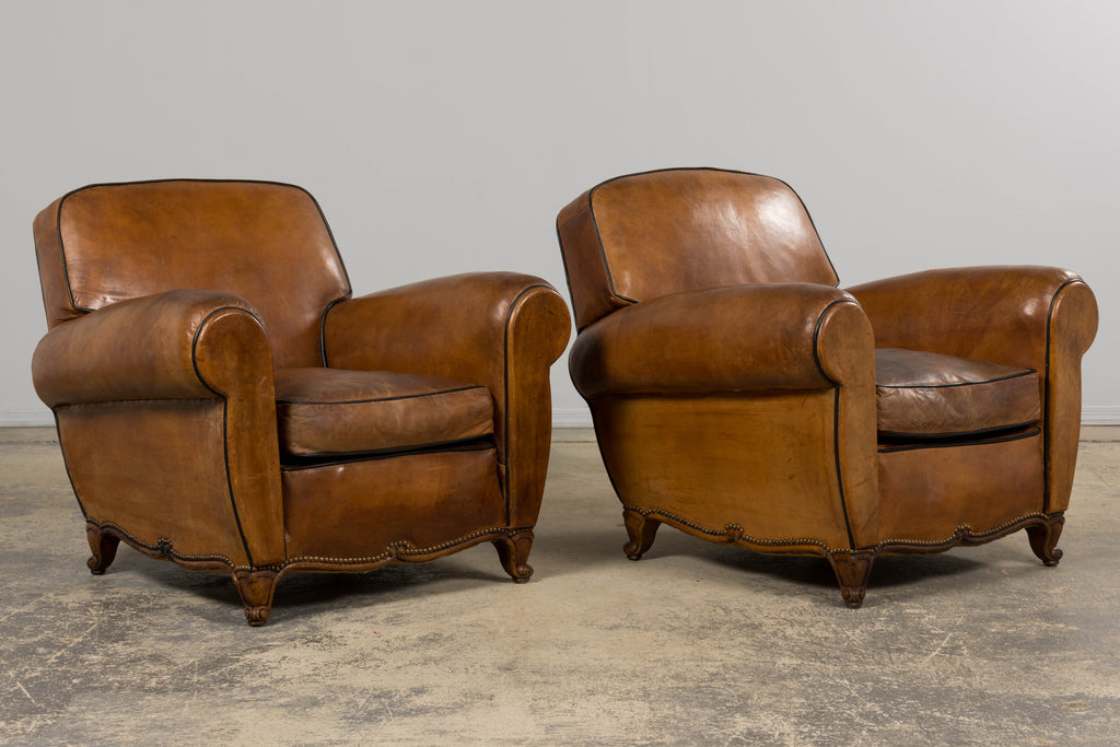 Antique French Louis XV Style Brown Leather Club Chairs - A Pair