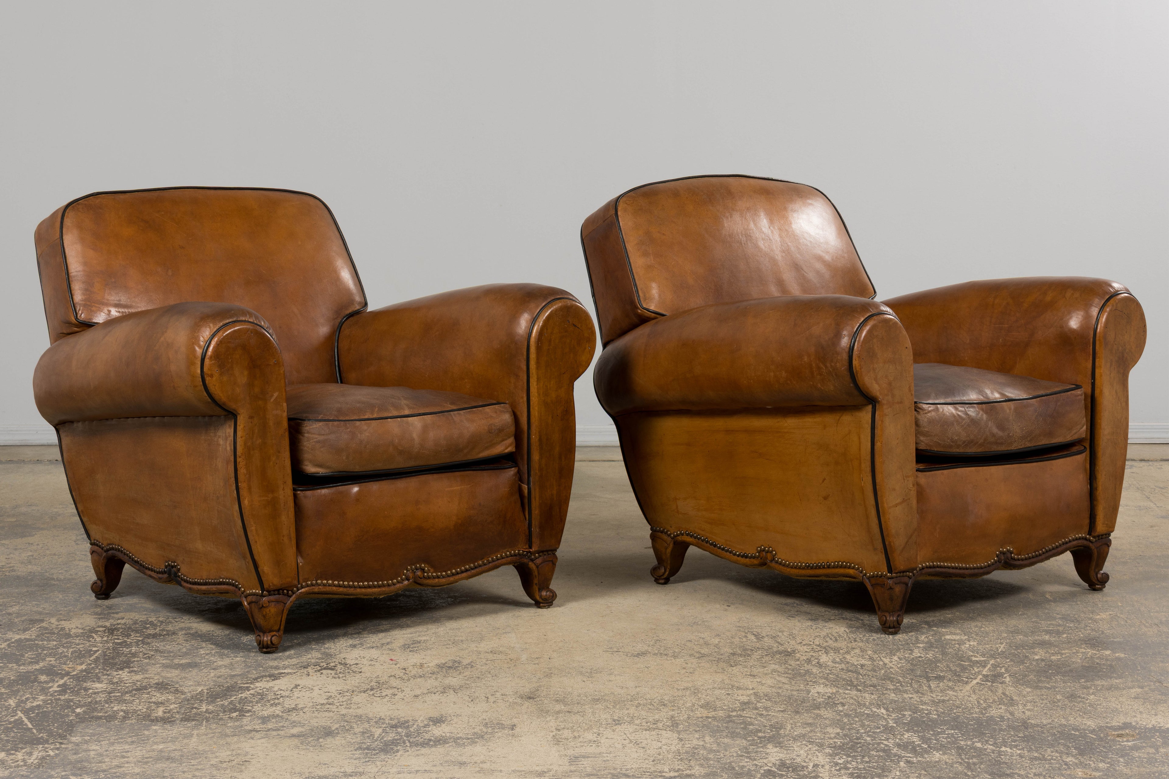 Antique French Louis XV Style Brown Leather Club Chairs - A Pair