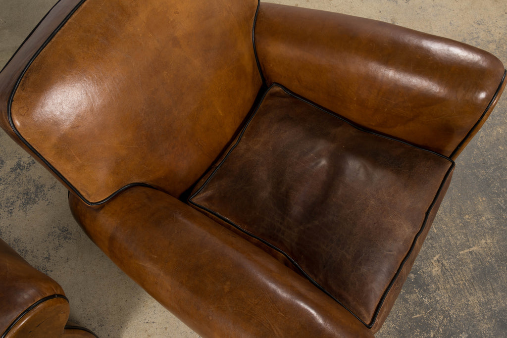 Antique French Louis XV Style Brown Leather Club Chairs - A Pair