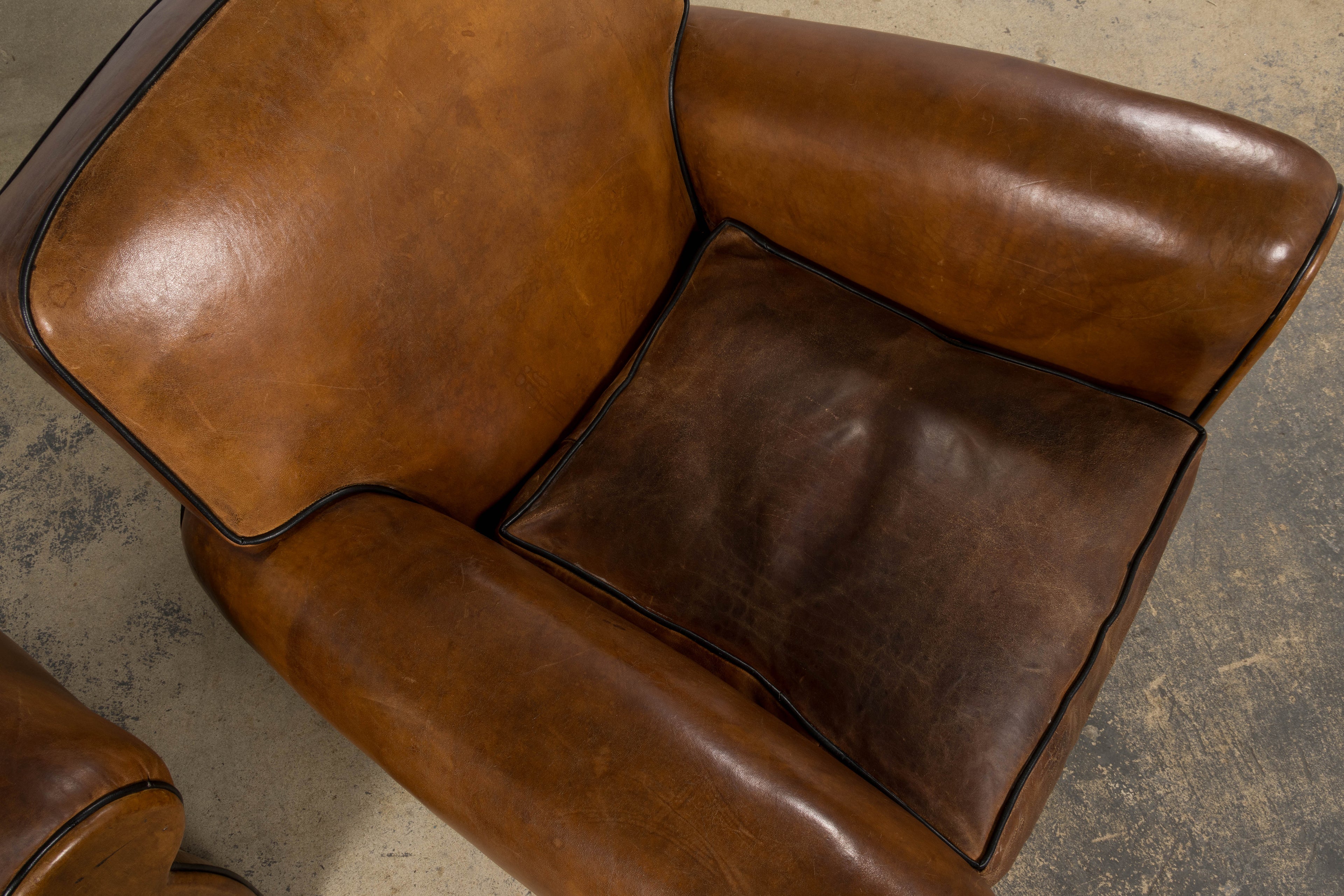Antique French Louis XV Style Brown Leather Club Chairs - A Pair