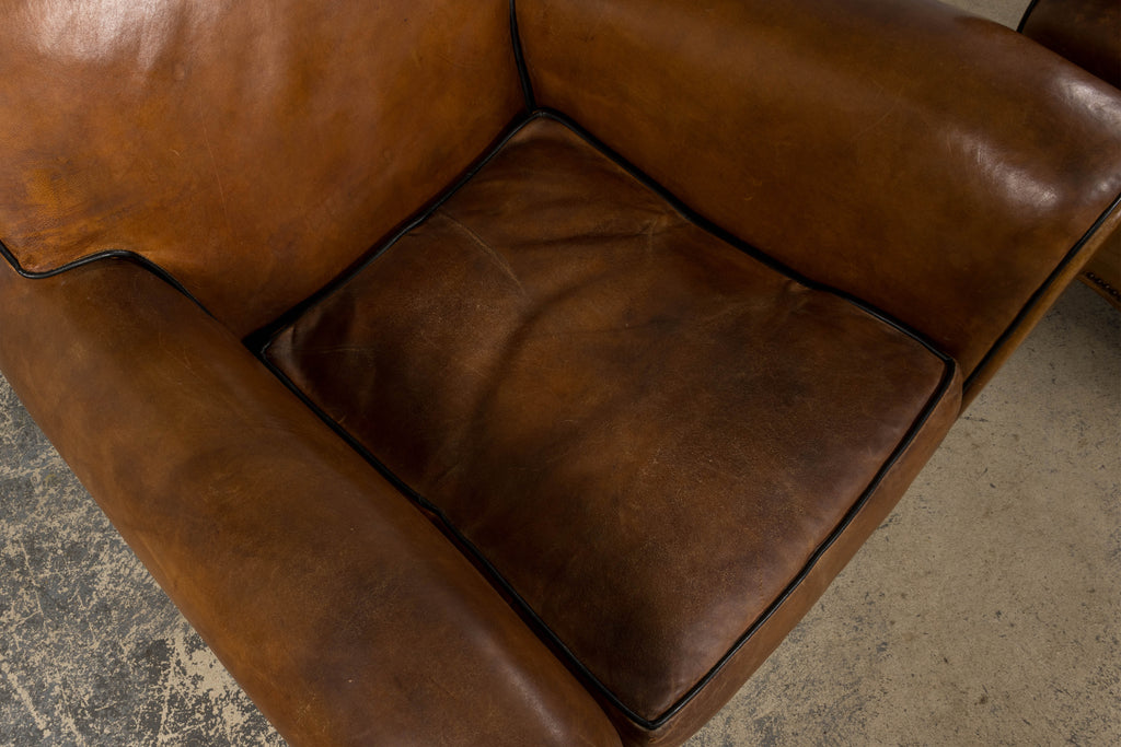 Antique French Louis XV Style Brown Leather Club Chairs - A Pair