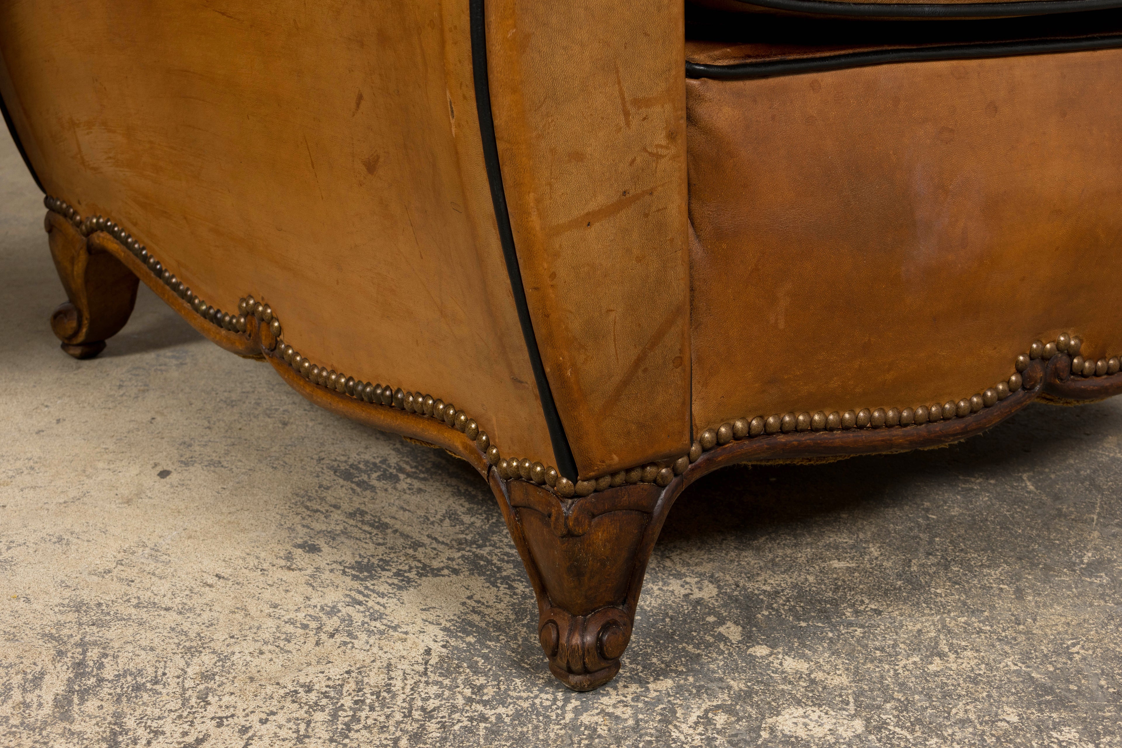 Antique French Louis XV Style Brown Leather Club Chairs - A Pair