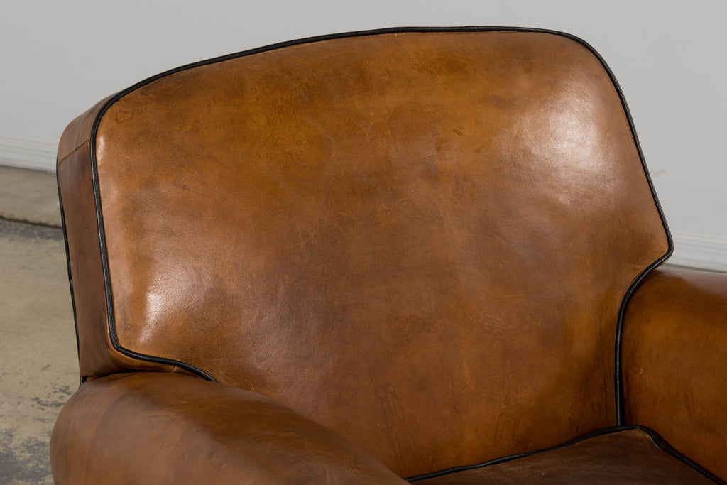 Antique French Louis XV Style Brown Leather Club Chairs - A Pair