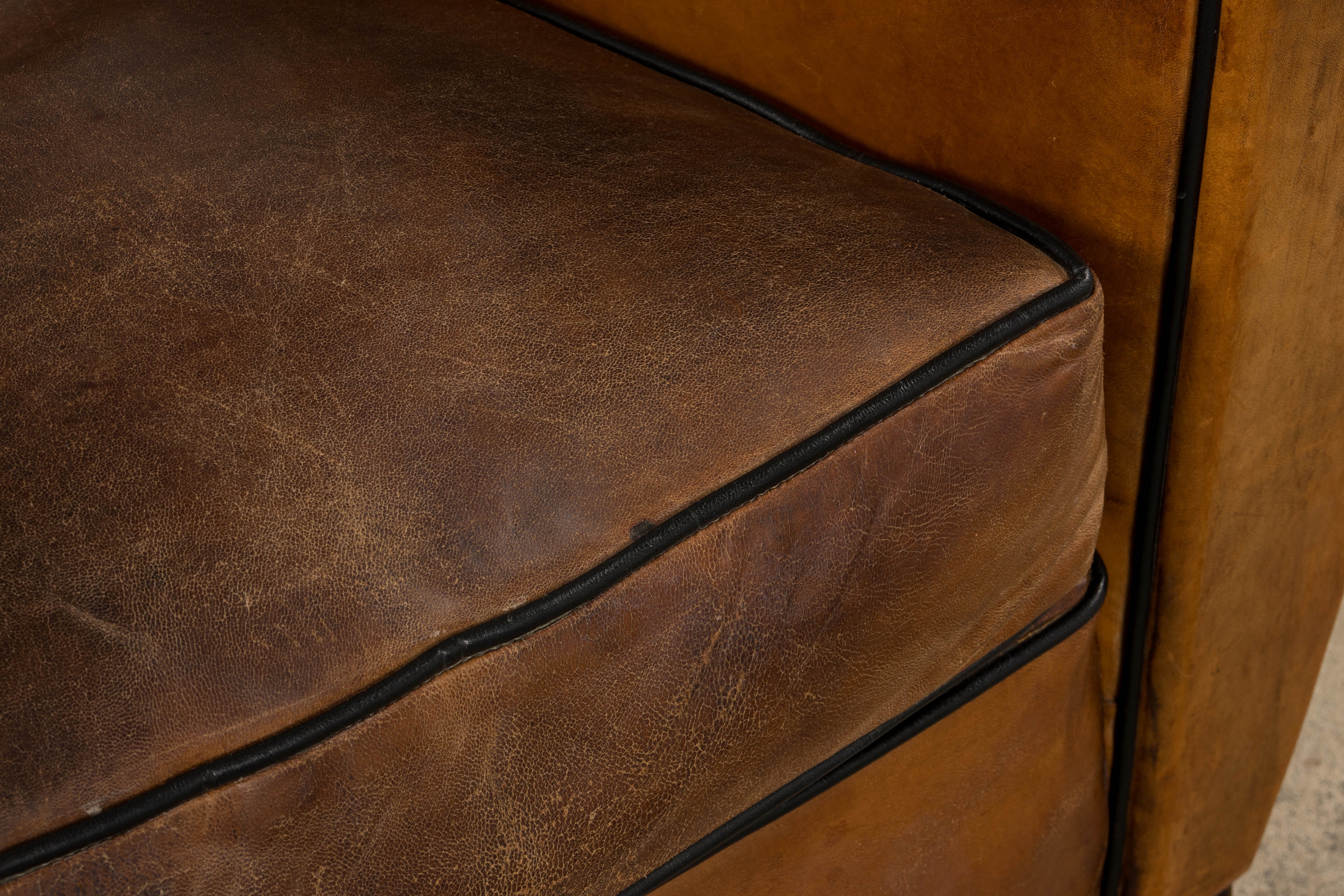 Antique French Louis XV Style Brown Leather Club Chairs - A Pair
