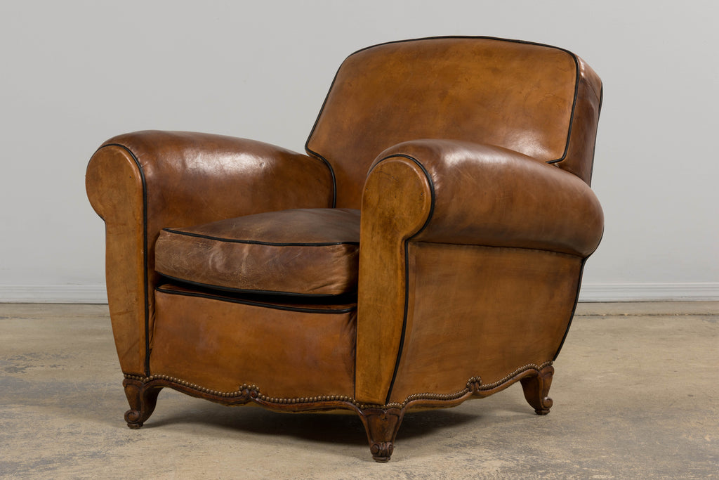 Antique French Louis XV Style Brown Leather Club Chairs - A Pair