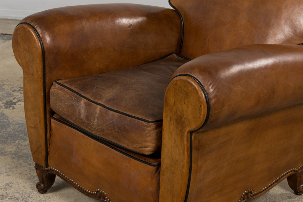Antique French Louis XV Style Brown Leather Club Chairs - A Pair