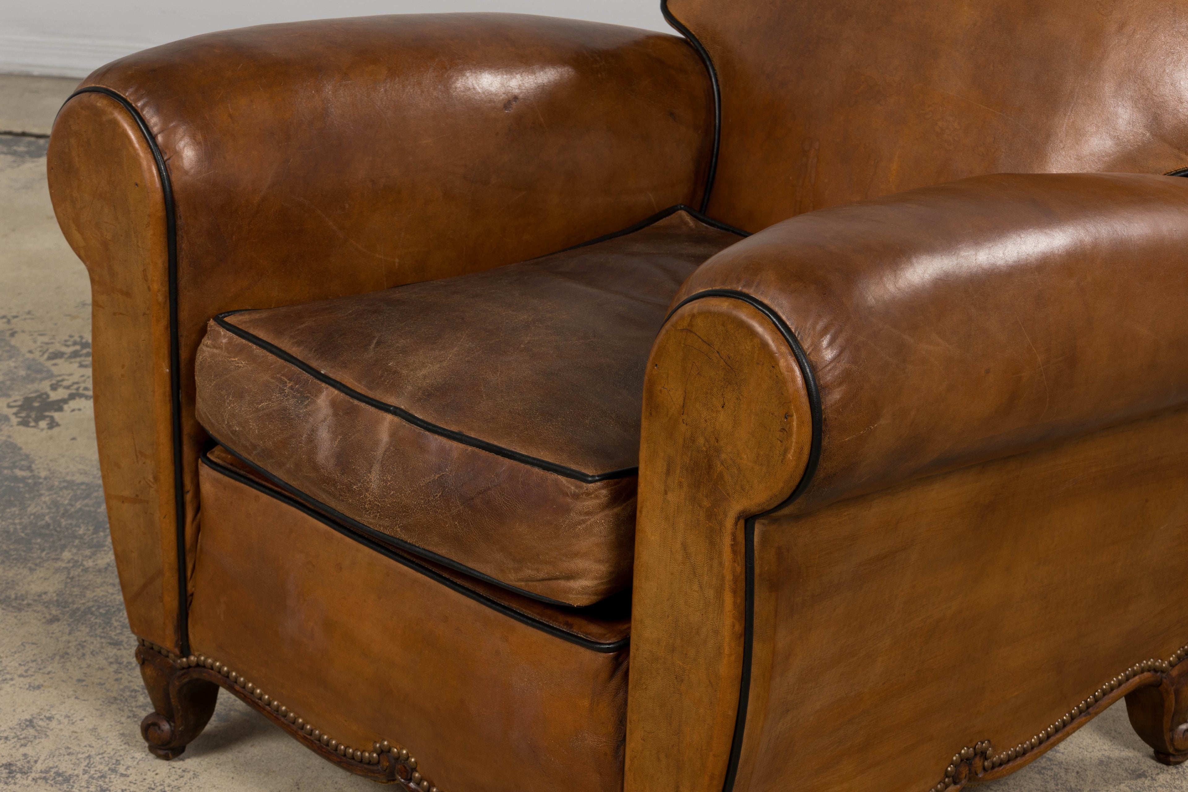 Antique French Louis XV Style Brown Leather Club Chairs - A Pair