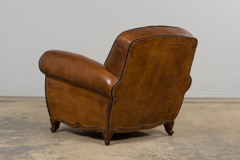 Antique French Louis XV Style Brown Leather Club Chairs - A Pair