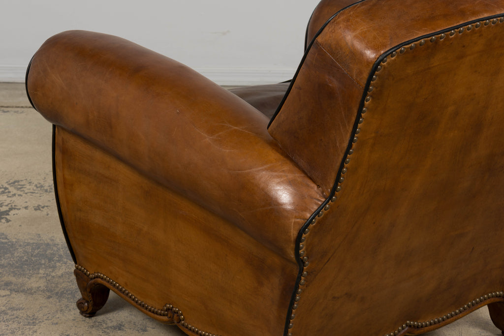 Antique French Louis XV Style Brown Leather Club Chairs - A Pair